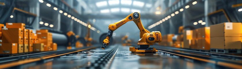 A robotic arm is working on an assembly line in a factory. It is a symbol of modern industry and automation.