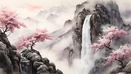 Japanese landscape background with traditional sumi-e painting style, copy space, wallpaper made with AI generative