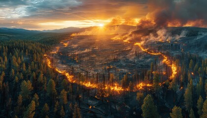 An aerial view of a vast forest landscape marked by a patchwork of burn scars and wildfire