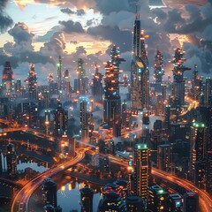 A beautiful painting of a futuristic city with skyscrapers, lights, and flying cars. The sky is a mix of blue and orange with clouds. The city is full of life.