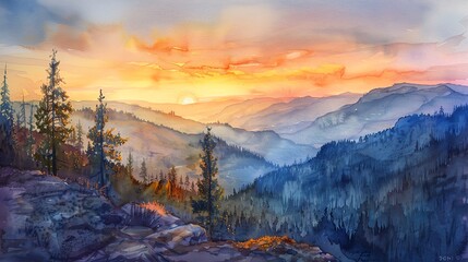 A beautiful watercolor painting of a mountain landscape