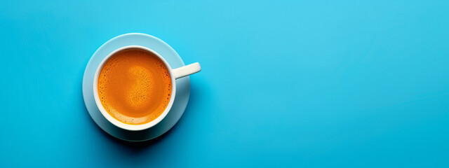top view of cup of coffee on saucer isolated on blue background with space for text