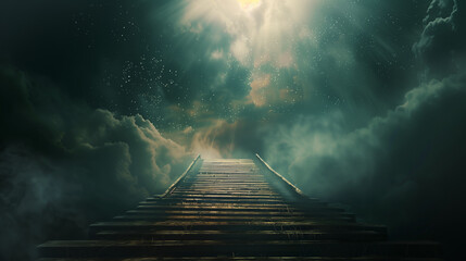 stairway to heaven with dark clouds and mysterious light