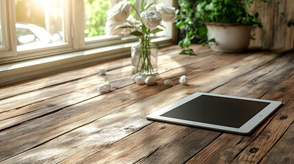 A tablet sits on a wooden table with a vase of flowers in the foreground