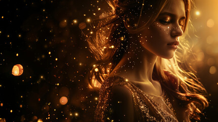 Beautiful fantasy princess in glimmering glowing light bokeh lights particles dress 