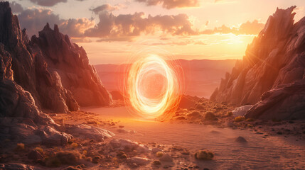 Fire magical portal in desert with rocky mountains