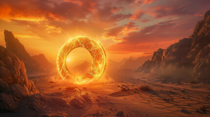 Fire magical portal in desert with rocky mountains