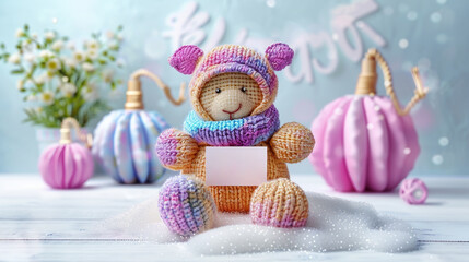A cute knitted teddy bear wearing a colorful hat and scarf is sitting on a pile of snow. There is a blank card in front of him.