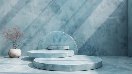 Blue marble podium with a vase and flowers.