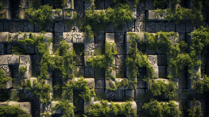 top view of green grass and cement maze or labyrinth , Successful business strategy concept