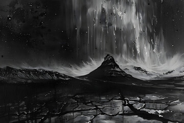 a black and white photo of a mountain range with a dark sky and a light coming from the top of the mountain.