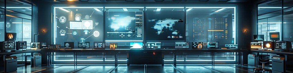 Futuristic Network Operations Center with Large Glass Windows and Digital Screens Showing Various Data and Statistics. - Powered by Adobe