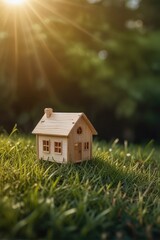 Wooden home friendly on grass. Wooden toy house in green grass banner copyspace. House in forest with greenery around, modern energy efficiency construction