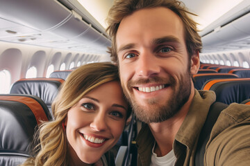 Happy couple takes selfie before flight. Engaged or newlyweds traveling ready to fly by plane around the world