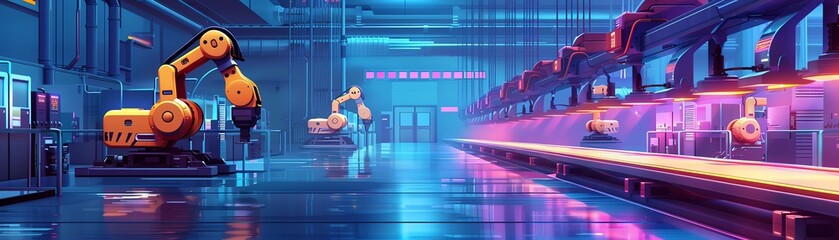 A production line of robots working in a factory. The robots are welding, assembling, and painting products. The factory is brightly lit and very clean. - Powered by Adobe