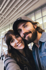 Travel concept. Couple with brown hair take selfie at the airport terminal. Smiling and happy, they are waiting to leave for holiday. Lifestyle and vacation concept