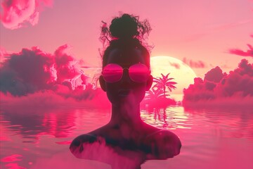 surreal scene of a flat island, a silhouette woman, pink clouds floating in the air, sunset style vaporwave 