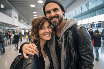 Travel concept. Couple takes selfie at airport terminal. Smiling and happy, they are waiting to leave for holiday. Lifestyle and vacation concept