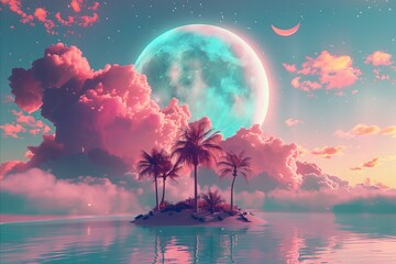 surreal island with palm trees, full  big moon landscape, clouds floating , neon pink and blue pastel colors mood design