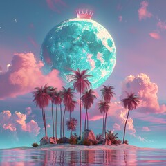 surreal island with palm trees, full  big moon landscape, clouds floating , neon pink and blue pastel colors mood design