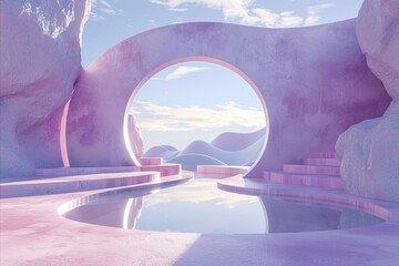  peaceful quiet landscape, pink and lilac palette colors, with rounded framework and a  beautiful view, dreamy surreal concept land
