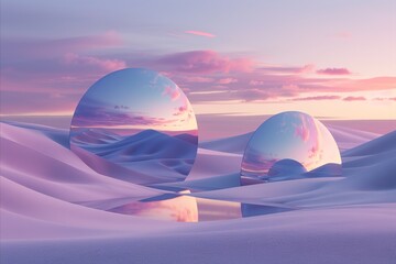 peaceful quiet landscape, pink and lilac palette colors, with rounded mirror reflecting mountains and sky, dreamy surreal concept land