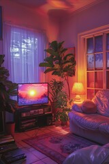 living room scene indoor , neon vaporwave vibes, blue and purple colors, comfortable sofa, elegant plants dark lights
