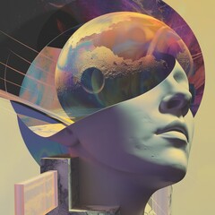 retro surreal landscape with different shapes and colors, woman face profile,abstract world concept