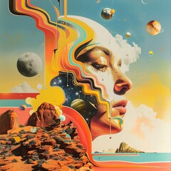 retro surreal landscape with different shapes and colors, woman face  profile, abstract world concept