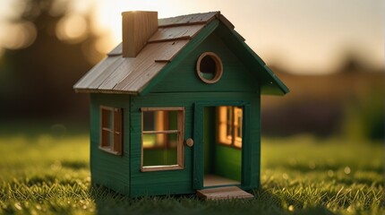 Wooden home friendly on grass. Wooden toy house in green grass banner copyspace. House in forest with greenery around, modern energy efficiency construction