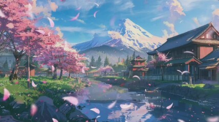 Visual illustration of a beautiful Japanese landscape in anime style, digital art illustration