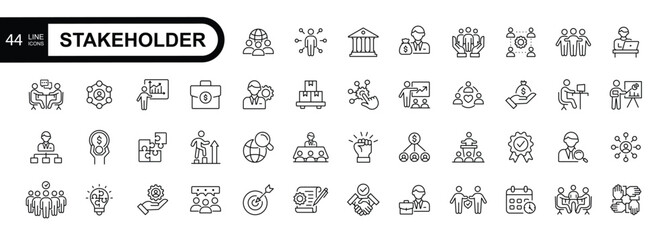 Stakeholder editable stroke icons set.  Business, partner, shareholder, investor, supporter vector illustrations.