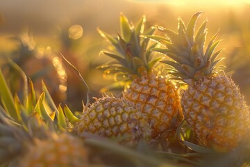 Two ripe pineapples sit in the middle of a field under the golden light of a tropical sunset - Powered by Adobe