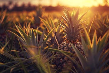A ripe pineapple sits in the middle of a green field, under the suns warm rays, ready for harvest - Powered by Adobe