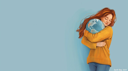 A woman hugging the Earth while smiling with eyes closed. Concept of environmental protection and love for our planet. Earth Day.