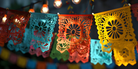 Day of the dead papal pica do decorations in the breeze Colorful paper lanterns hanging in the streets of Cancun.