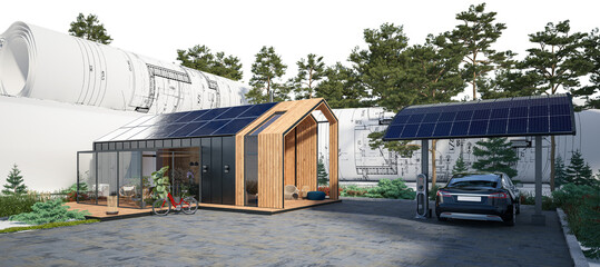 Energy supply at a single family house with solar carport (isolated) - 3D visualization