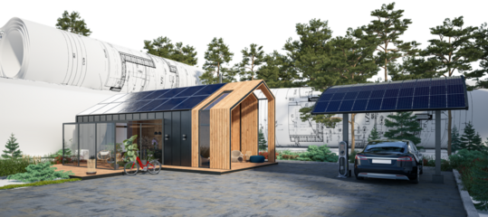 Energy supply at a single family house with solar carport (isolated) - 3D visualization