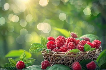 Juicy ripe raspberries in a basket surrounded by green leaves with light bokeh effect, symbolizing...