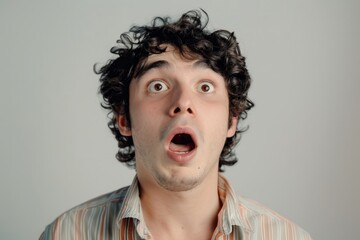 Startled man with open mouth and raised eyebrows reacting to unforeseen event - obrazy, fototapety, plakaty