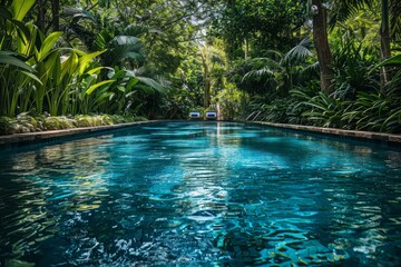 A serene swimming pool encircled by vibrant green trees, offering a tranquil and relaxing setting