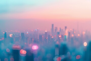 Abstract beauty of a city at dusk captured in a soft-focus photo, showcasing blurred blue and pink hues of the city lights