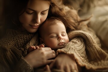 A mother cradles her newborn baby in her arms, bathed in the warm light of dawn