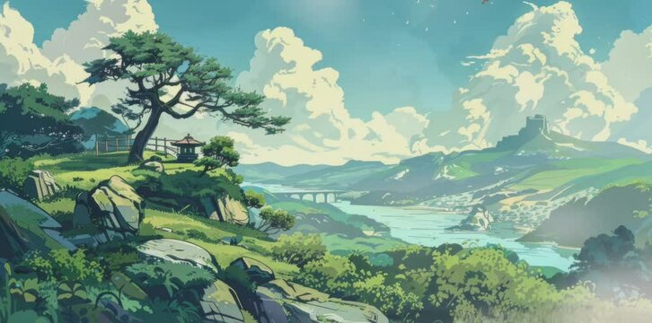 Footage of a misty spring landscape on a Japanese lake. A sunny morning panorama in anime style. The beauty of the rural concept background