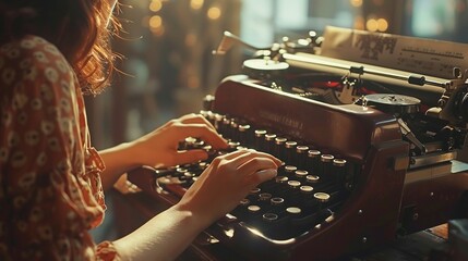 Close-up hands of young woman typing on a vintage typewriter