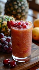 A glass of fruit juice with strawberries and raspberries on top