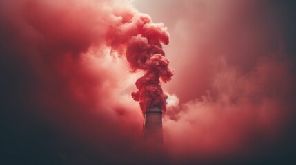 Obraz premium Artistic and cautionary visual of red smoke flowing from an industrial chimney