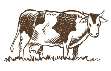 Cows chewing grass farm on grazing on meadow. Rural landscape, village vintage sketch. Hand drawn farm land vector illustration