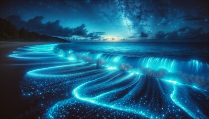 Bioluminescent Waves Gently Caress the Shoreline Under a Starry Sky at Night