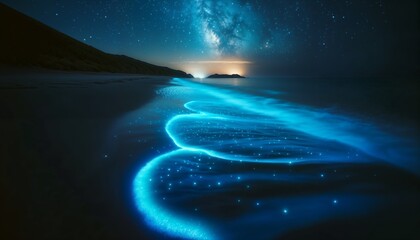 Bioluminescent Waves on a Serene Beach Under a Starry Night Sky
